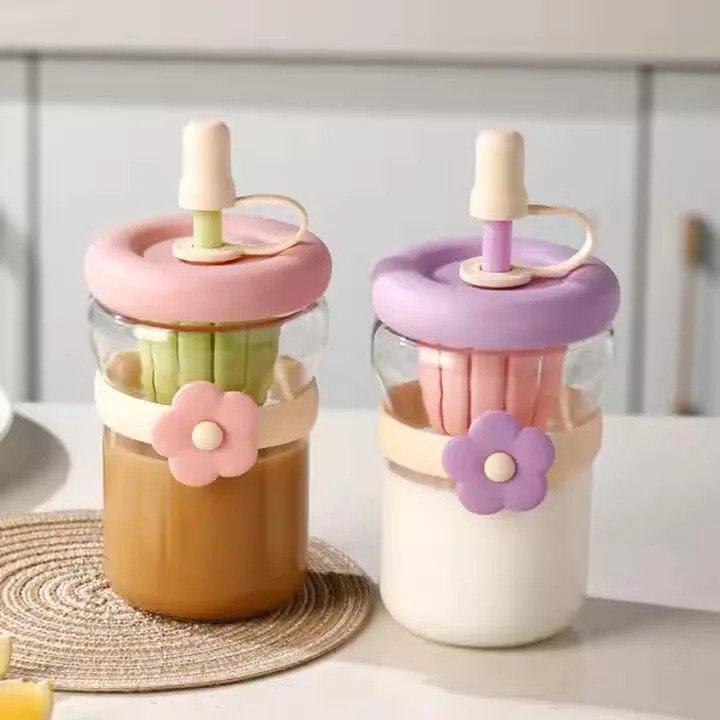 500ml flower design glass tumbler with lid straw