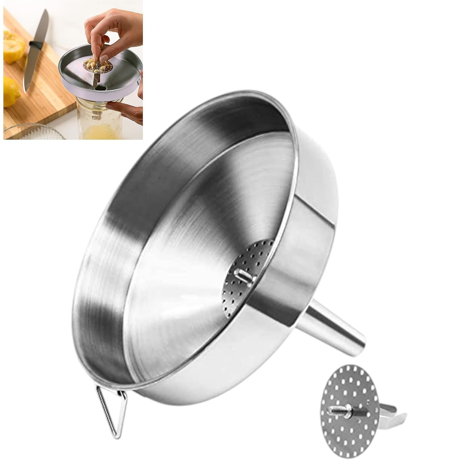 STAINLESS STEEL MULTIPURPOSE FUNNEL WITH DETACHABLE STRAINER